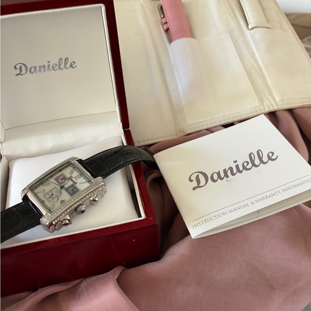 Danielle Silver-Tone Rectangular Watch with Black Leather Strap